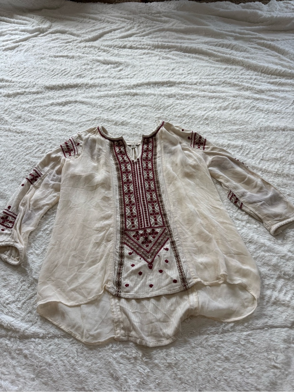 Embroidered Cream Boho Peasant Top with Red Accents